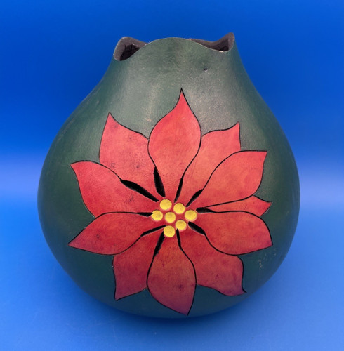 SALE Hand Painted Christmas Poinsettia Real Gourd Signed Home Decor 7" Open Vase