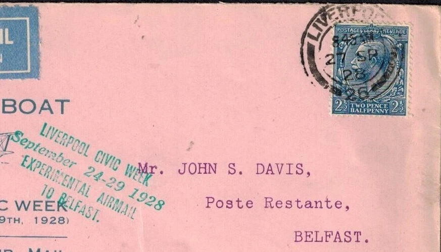 Great Britain 1928 Flying Boat Cacheted Pink Cover w/ 2 1/2d & Belfast Backstamp - Image 2 of 3