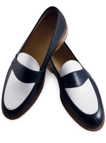 Handmade Blue & White Genuine Leather Office Slip On Dress Loafers Shoes For Men