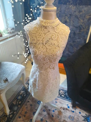 Women’s White Lace Slip Dress 8 Regular Sleeveless High Neck Beaded Lined Zip - Image 1 of 4