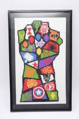 Framed Marvel Infinity Gauntlet Cross Stitch Art Avengers Superhero Fist 14.5x9