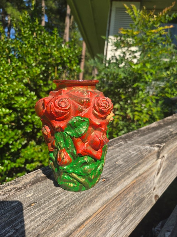 Vintage Goofus glass vase red and green 7 inches tall