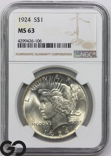 1924 Peace Dollar NGC MS 63 ** Strong Cartwheel Mint Luster!