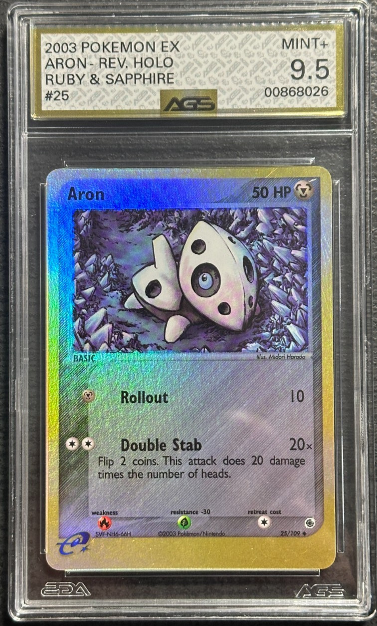 2003 Pokemon EX Ruby & Sapphire Reverse Holo Aron #25 AGS 9.5 Mint +