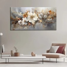 Canvas Wall Art Golden White Flowers Modern Abstract Canvas Painting Wall Poster