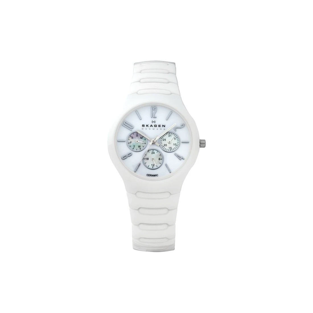 Skagen Denmark White Ceramic Watch Swarovski Crystal Japan Quartz Skagen Klassik Stainless Steel White Dial Mesh Band Mens  main image 4
