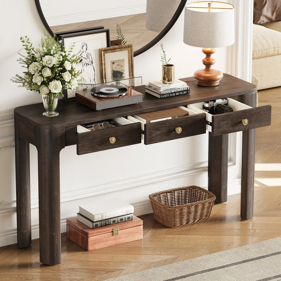 Rustic Console Table Curved Corners 3 Concealed Drawers Thick Legs Entryway - Image 3 of 4