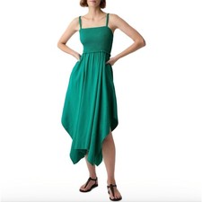 GAP Womens Emerald Green Smocked Handkerchief Hem Midi Dress Size M Pockets