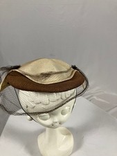 Vintage 1950s Cocktail Hat Brown Straw Cream Grosgrain Disc Full Face Veil Net
