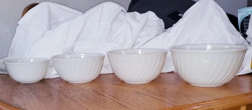 Vintage Fire King White Swirl 4 pc. Mixing Bowl Set 6",7",8",9" EUC Clean