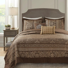 King Quilt Bedding Set, Traditional Jacquard Damask, 5PC