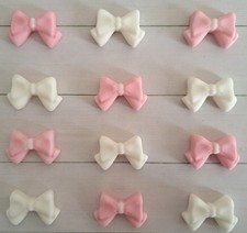 12 x Edible Pink & White Fondant Bows Cake & Cupcake Toppers ? Mixed Shapes