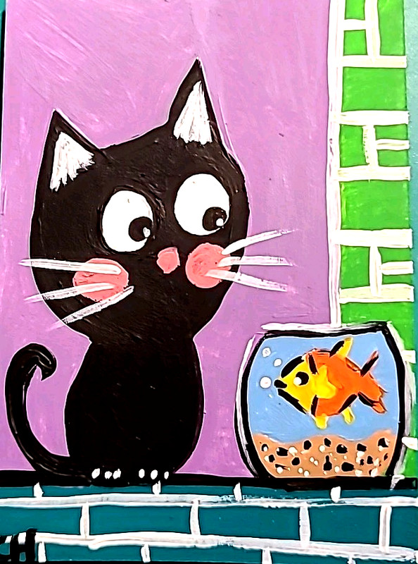 ACEO ORIGINAL CAT KITTIES' FISHBOWL Acrylic & Gouache HAND PAINTING NEW
