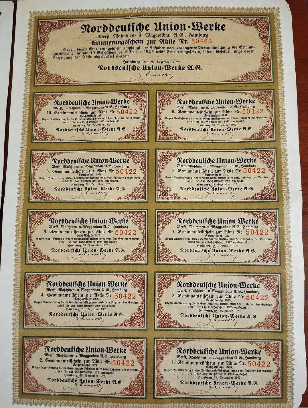 Germany 1922 Hamburg Norddeutsche Union Werke 1.000 Mark Coupons Share Bond Loan