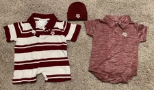Two Feet Ahead Lot Texas A&M Collared Striped Bodysuit Beanie Newborn-6 Mos