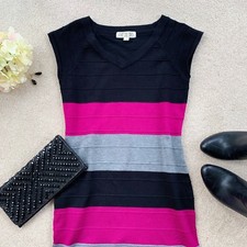 Comfy Striped Knit Short-Sleeved Bodycon Dress by Pink Rose (Women’s Small)