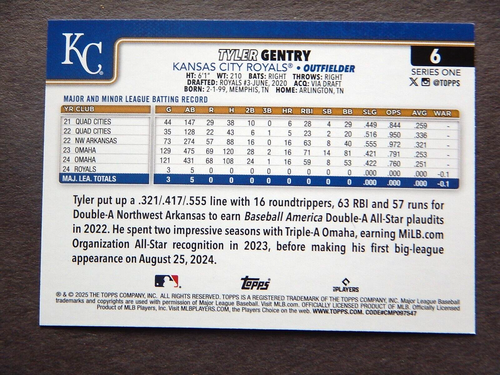 Tyler Gentry #6 Topps 2025 Baseball Card (Kansas City Royals)  - Picture 2 of 2