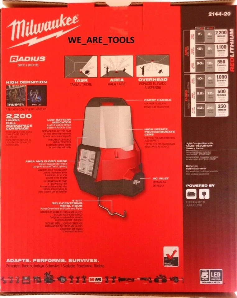 Milwaukee 2144-20 Radius LED Light M18 Compact Jobsite 2200 Lumens Cordless 18V - Image 2 of 4
