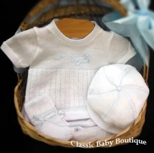 NWT Will'beth White Bl Knit 4p Airplane Diaper Set Newborn Baby Boys Hat Booties