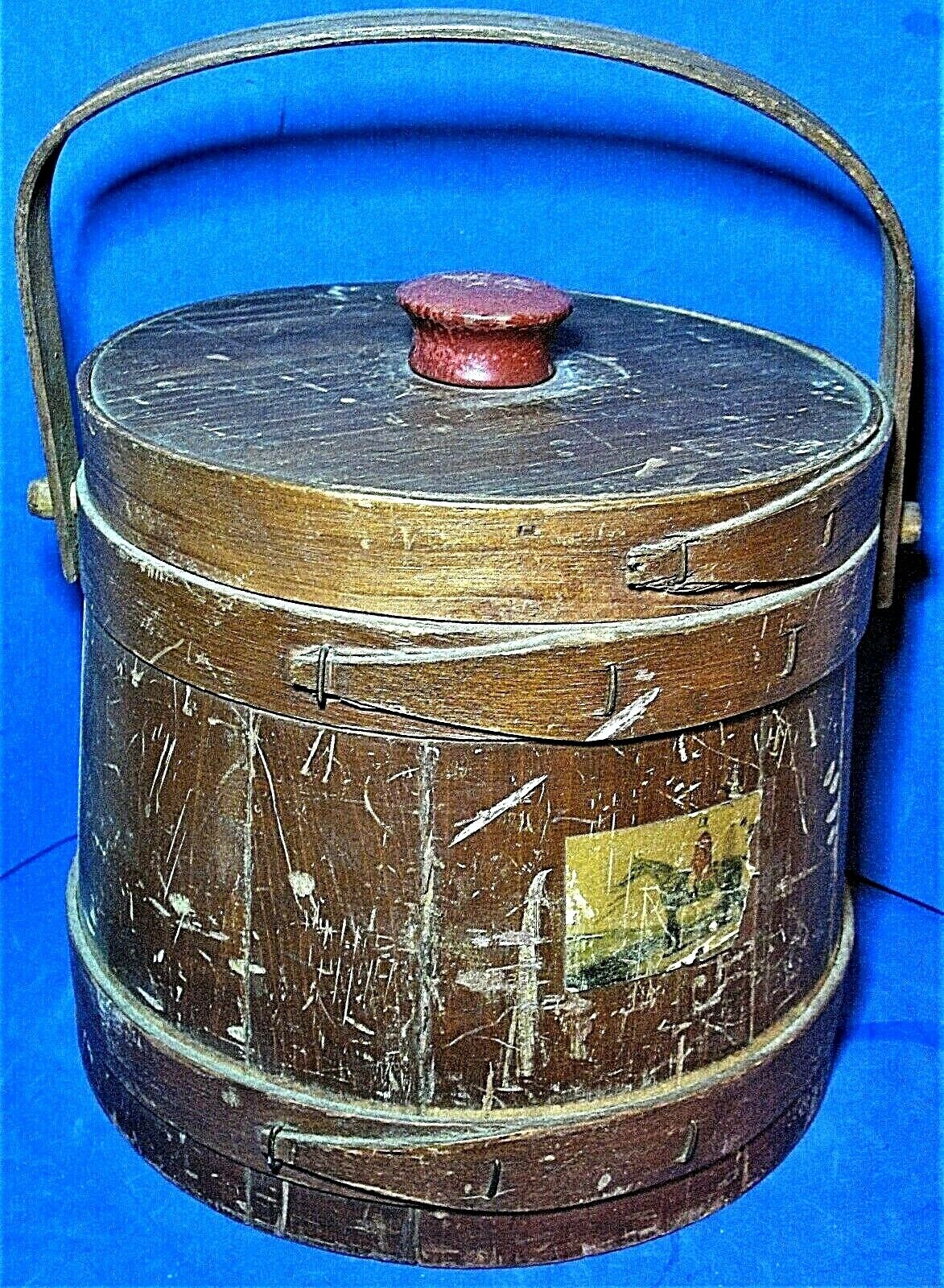 Primitive Wooden Firkin Sugar Bucket w Bent Wood Handle and Red Knobbed Cover