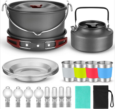 22-Piece Camping Cookware Set, Hanging Kettle with Base 4-Person Cooking Set