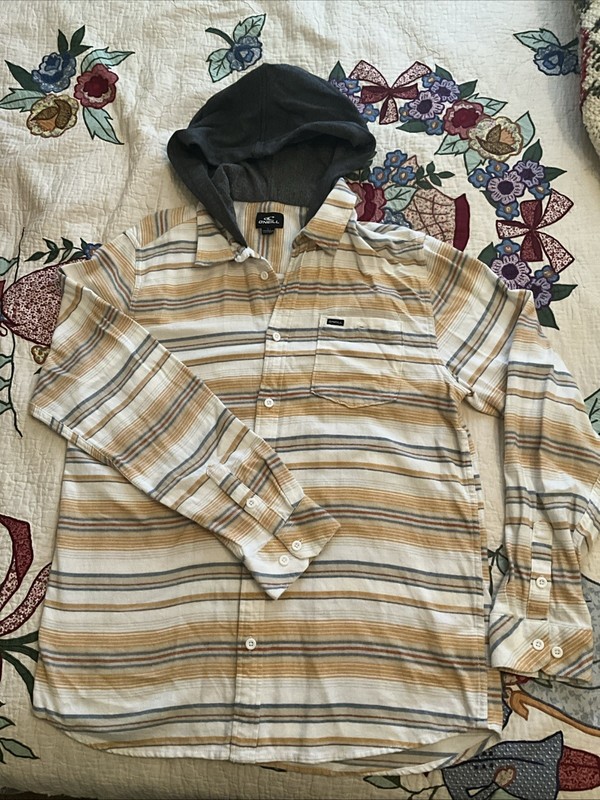 O’Neill Button Down Men’s Hooded Flannel Yellow/Horizontal Striped Shirt  Sz L