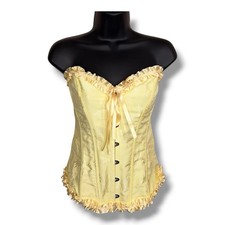 Medium Yellow Brocade Overbust Corset Ruffle Costume Burlesque Pastel Jacquard