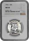 1951 50C BU Silver Franklin Half Dollar NGC Graded MS 64 White Coin