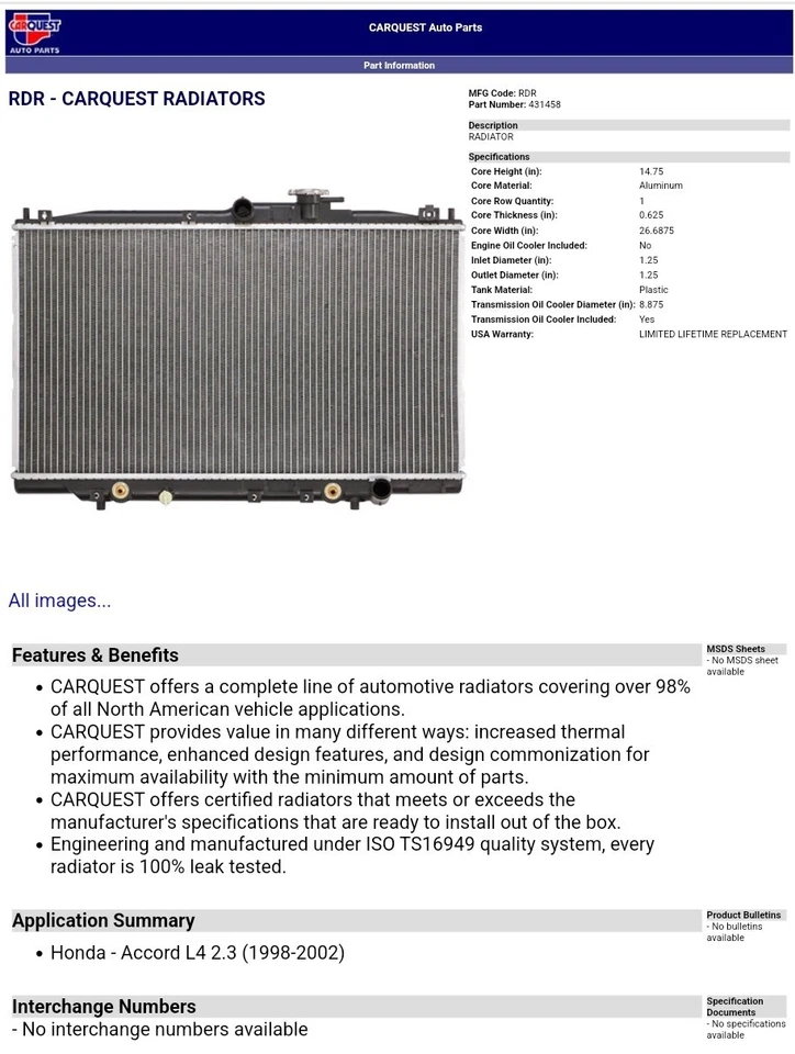 Carquest 431458 Radiator For Honda Accord L4 2.3L 1998-2002 - Image 2 of 2