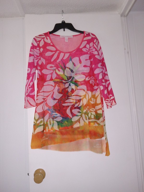 Leoma Lovegrove Medium Artsy Multicolor Tunic Top Blouse Shirt Semi-Sheer. 