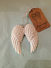 Double Resin White Glitter Hanging Angel Wings Plaque Door Wall Tree Decoration