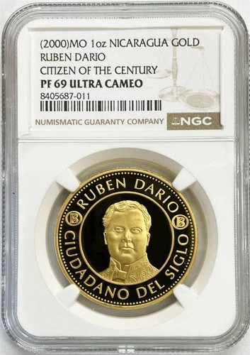 2000 GOLD NICARAGUA RUBEN DARIO CITIZEN OF THE CENTURY 1 OZ 999 FINE NGC PF 69