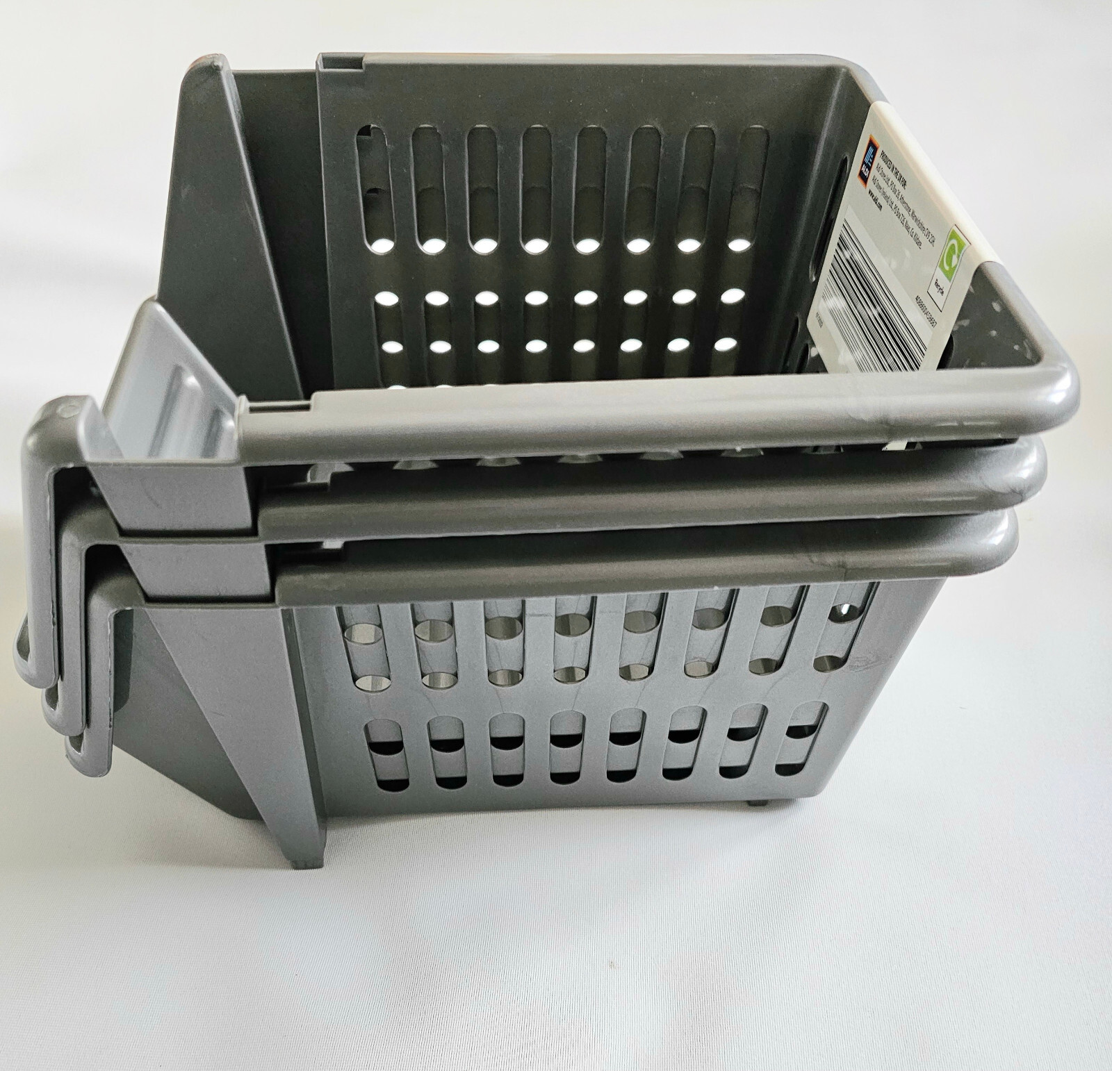 3x Stackable Storage Baskets Set Grey Plastic Household Solutions