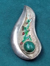 Sterling Silver Pea in Pod Theme Jewelry Pendant w Malachite & Enamel: 3 x 1.5"