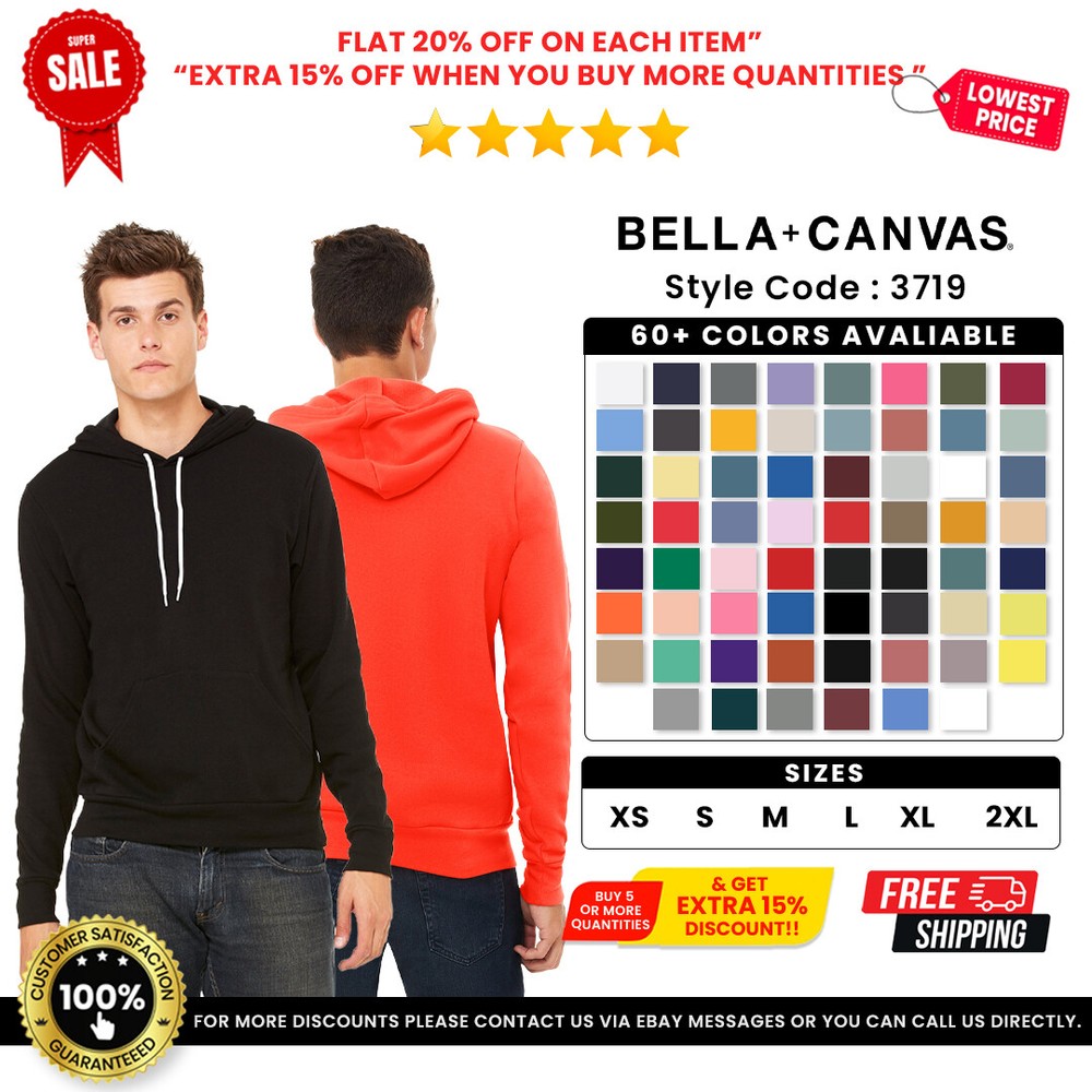 Bella + Canvas 3719 Unisex Sponge Fleece Pullover Hoodie Sweatshirt