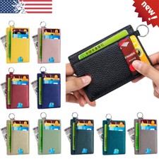 RFID Blocking Front Pocket Credit Card Holder Small Leather Wallet With Keychain
