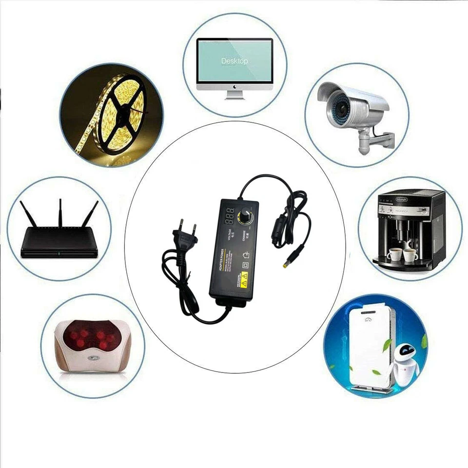 Adaptador Fuente de Alimentación Interruptor AC/DC 60W Voltaje Ajustable 3 a 24V 9 Enchufes LED Foto 3 de 4