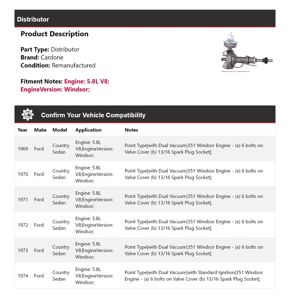 For 1969-1974 Ford Country Sedan 5.8L V8 Distributor Cardone 1970 1971 1972 1973 - Image 2 of 4