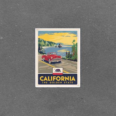 Vintage California Travel sticker - Red Convertible Car Driving Along Coastal Hi