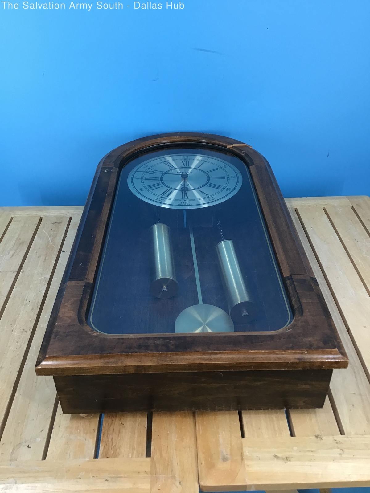 Bulova Quartz Battery Operated Wall Clock With Faux Weights & Pendulum 