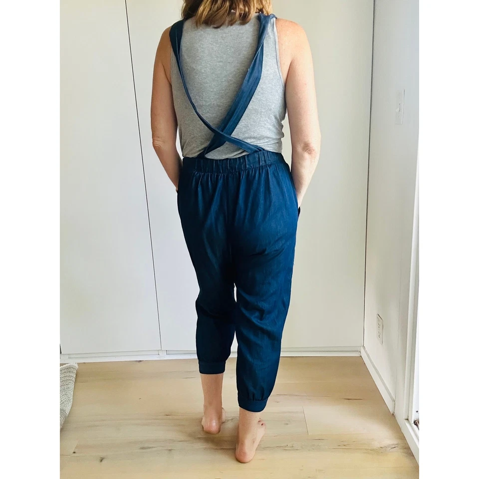  Anna Sui Denim Cambray Mono Capri Talla Pequeña Baberos Jogger Vintage Años 90 Era Foto 3 de 4