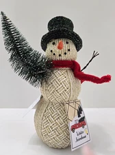 Farmhouse Rope Snowman with LED Light-Up Tree – 10” Christmas Holiday Decor
