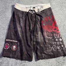 Y2K Affliction Skull Wings Patches Multicolor Board Swimming Shorts Size 32