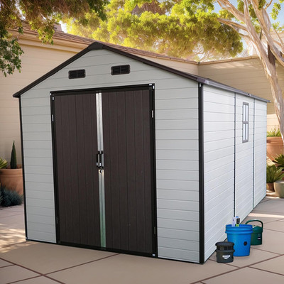 Outdoor Storage Shed, 8X14X7.6Ft Plastic Storage Shed with 2 Windows and Strong