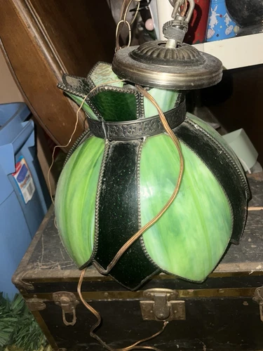 Vintage Tiffany Style Hanging Lamp Stained Glass Green - Look Old