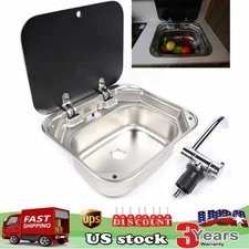 RV Caravan Camper Sink Stainless Steel Hand Wash Basin & Glass Lid & Faucet