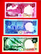 KUWAIT 1968/(1980-'91) UNC & AUNC NOTES 1 Dr (P-13d), 5 Dr. P-14c & 10 Dr. P-15c
