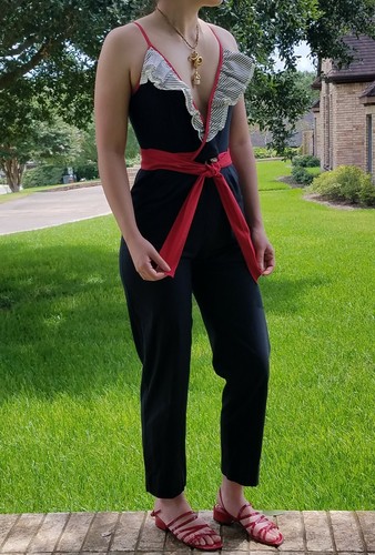 Vtg 80'S VIDEO BABE STRIPE RUFFLE + RED BLACK WRAP TIE TAPER LEG JUMPSUIT XS S - Picture 7 of 7