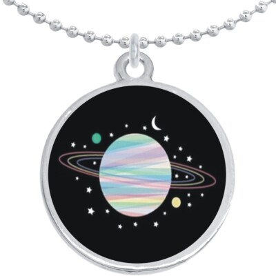 Saturn Planet Moon Stars Round Pendant Necklace Beautiful Fashion Jewelry
