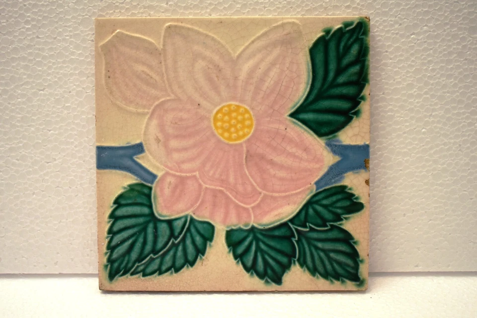 复古 P.P.W Wankaner 印度 Majolica 瓷砖 粉色 花卉 新艺术 陶瓷 Colle — 第 2/4 张图片